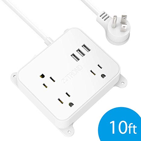 Power Strip with Long Cord, TROND Wall Mountable 10ft Outlet Extender with 3 USB Ports, 3 Widely Spaced Flat Plug Outlets, Desktop Charging Station for Dorm Room Nightstand Office, White