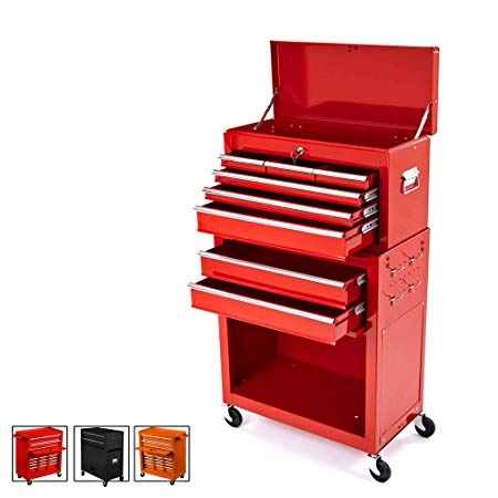 Big Tool Chest,Removable 2 in 1 Tool Box,8-Drawer Tool Storage,Detachable Tool Chest with 4 Universal Wheels (2 PCS Lockable),Keyed Locking System Toolbox Organizer,Red