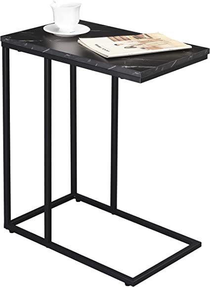 PrimeZone C Shaped Side Table - Faux Marble Narrow End Table for Sofa Couch & Living Room, TV Tray Table, 19" W x 12" D x 23" H, Black Faux Marble & Frame