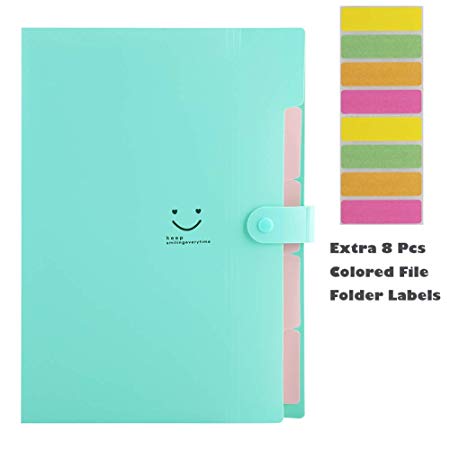 Sooez Expanding File Folders with 5 Pockets, Plastic A4 Letter Size Accordion Document Organizer and 8Pcs File Folder Labels for School Office Home