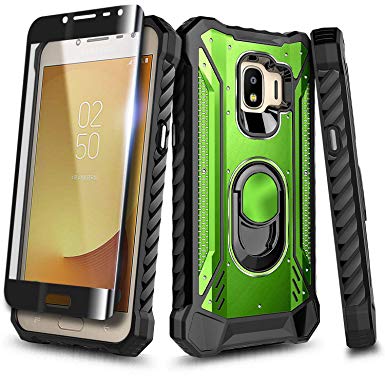 NageBee Case for Samsung Galaxy J2 Core/J2 2019/J2 Pure/J2 Dash/J2 Shine with Tempered Glass Screen Protector (Full Coverage), Full-Body Protective Shockproof Bumper Case Built-in Ring Stand -Green