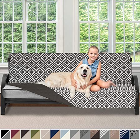 Sofa Shield Original Patent Pending Reversible Futon Protector for Seat Width up to 70 Inch, Furniture Slipcover, 2 Inch Strap, Daybed Couch Slip Cover Throw for Pets, Kids, Futon, Diamond Charcoal