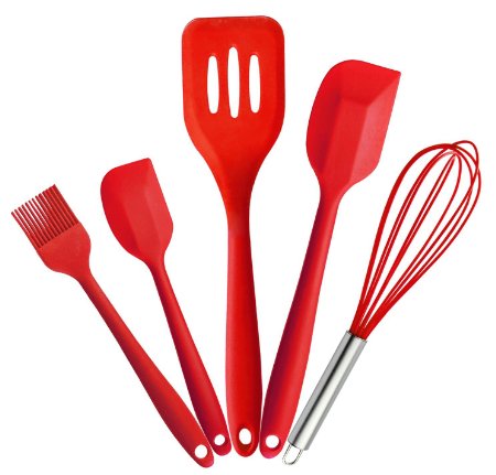 Ouddy Premium Silicone Baking Set Silicone Kitchen Tools Kitchen Cooking Utensil in Hygienic Solid Coating - Whisk Brush Spatulas - Heat Resistant Cooking Utensils Set of 5