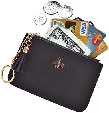 Tovly Womens Mini Leather Coin Purse Cash Wallet Card Holder Zipper Pouches with Key Ring