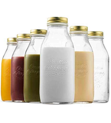 Bormioli Rocco Quattro Stagioni Glass Milk Bottle 33.75 Ounce/1 Liter with Airtight Lid, Great For Kombucha Brewing Bottle, Beer, Homemade Juicing, Smoothies, Beverages, Durable Construction. (6 Pack)