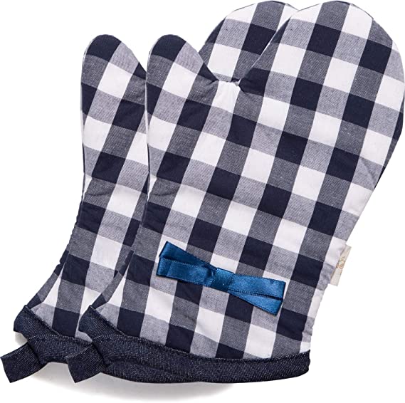 NEOVIVA Cotton Quilted Heat Resistant Kid Oven Mitts, Set of 2, Checked Navy
