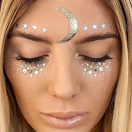 Face Tattoo Sticker Metallic Shiny Temporary Water Transfer Tattoo for Professional Make Up Dancer Costume Parties, Shows Gold Glitter (004)