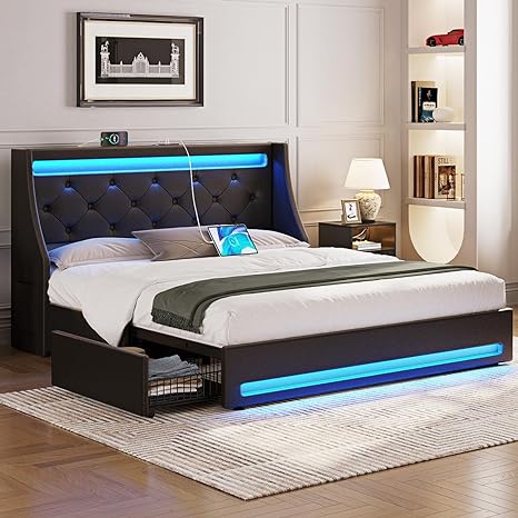 Rolanstar Full Bed Frame with 4 Storage Drawers, Charging Station and LED Lights, Upholstered PU Leather Platform Bed with Heavy Duty Wooden Slats, No Box Spring Needed, Noise Free, Easy Assembly