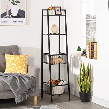 VECELO 4 Tier Industrial Corner Shelf Unit, 59" Tall Ladder Display Rack Standing Storage Organizer with Metal Basket for Living Room, Bathroom,Home and Office,Black