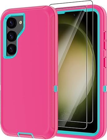 Annymall for Samsung Galaxy S23 Plus Case with 2 Screen Protector,Heavy Duty Shockproof Drop Protective Full Body 3-Layer Military Grade Rugged Durable Phone Cover for Galaxy S23 Plus 6.6"(Pink)