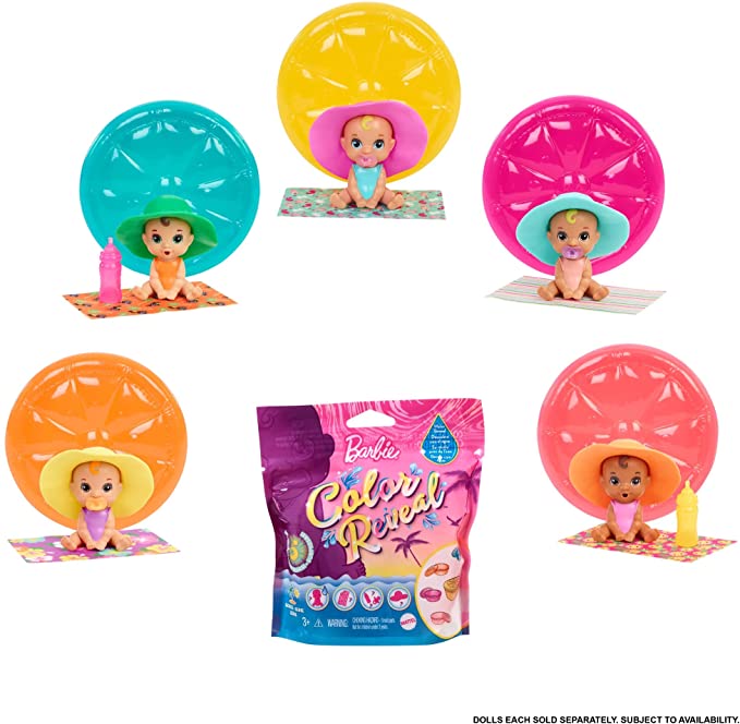 Barbie GTT12 - Color Reveal Babies Sand & Sun Series Assortment, dla wieku 3 .