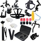 LotFancy Bundle Combo Kit Accessories For GoPro Hero 1 2 3 3 4 Camera - Suction Mount Chest BeltHead StrapFloating GripHandle MonopodWrist Strap Anti Fog InsertsTripod StandCarry Bag etc