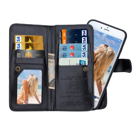 iPhone 6 Plus Case BRG 2 in 1 Detachable Magnetic PU Leather Wallet Case Built-in 9 Card Slot and Wrist Strap for Apple iPhone 6 Plus and iPhone 6s Plus iPhone 66s plus Black