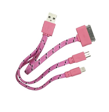 Multi USB 3 in 1 Premium Charging Cable for All Mobile Devices - Compatible With Apple iPhone, Android, Windows and Blackberry Phones and Tablets by Gempion (Pink)