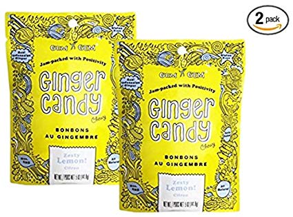 LEMON Ginger Candy Chews (2-Pack)- (2) Gem Gem 5oz Bags - All-Natural, Non-GMO, Gluten Free, Vegan, Real Indonesian Kettle Cooked Ginger | The perfect chewy sweet with a kick!