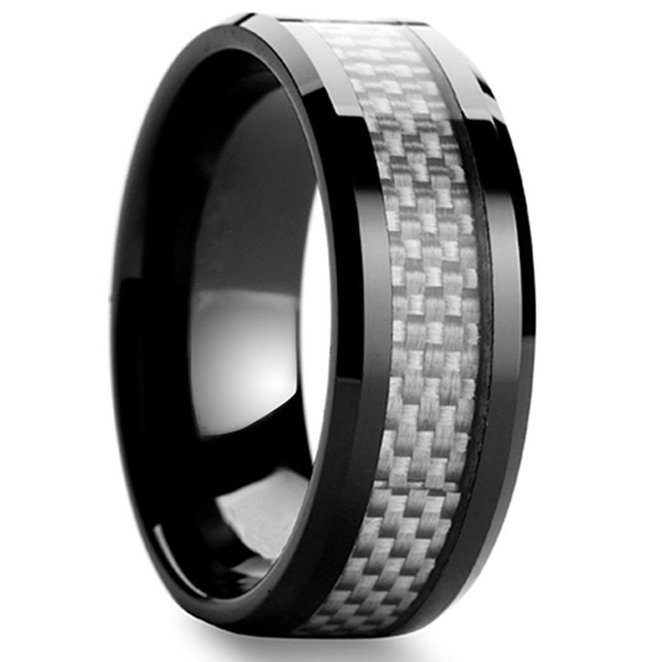 King Will 8mm Black Tungsten Silver Carbon Fiber Inlay High Polished Finish Wedding Band Ring