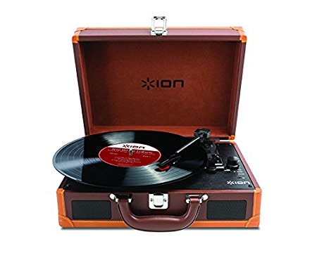 ION Audio Vinyl Motion Deluxe | Portable 3-Speed Belt-Drive Suitcase Turntable with Built-In Speakers (Brown-Leather Styling)