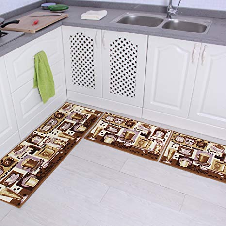 Carvapet 3 Piece Non-Slip Kitchen Mat Rubber Backing Doormat Runner Rug Set, Coffee Design (Brown 15"x47" 15"x23")