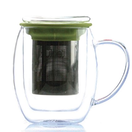 Venus Double Wall Glass Tea Cup Mug w/ Stainless Steel Infuser - 13.5oz / 400ml (Lime)