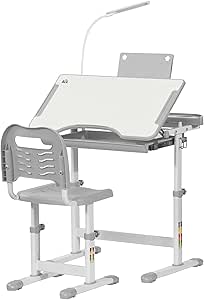 HOMCOM Kids Desk and Chair Set, Height Adjustable Study Desk with USB Lamp, Storage Drawer for Study, Grey and White