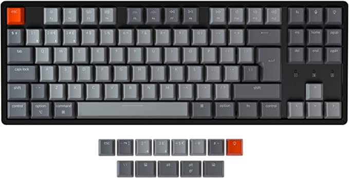 Keychron K8 Tenkeyless Wireless Mechanical Keyboard for Mac, Bluetooth ISO-UK-Layout RGB Backlight Multitasking Type-C Wired Gaming Keyboard for Windows with Gateron Blue Switch, Aluminum Frame