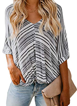 FARYSAYS Women's Summer Striped Short Sleeve V Neck Twist Knot Casual T-Shirt Tops Loose Blouse