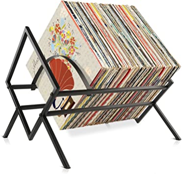 MOVNO Vinyl Record Storage Organizer, Record Player Holder Stand to Display 80-100 LPs, Albums, Books, Magazines (Metal Black)