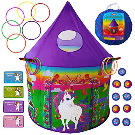 Playz Unicorn Toys Play Tent for Girls with Unicorn Ring Toss, Candy Board Game, & Tic Tac Toe - Indoor & Outdoor Pop up Playhouse Set for Kids Birthday Party Favors & Gifts for Baby and Toddlers