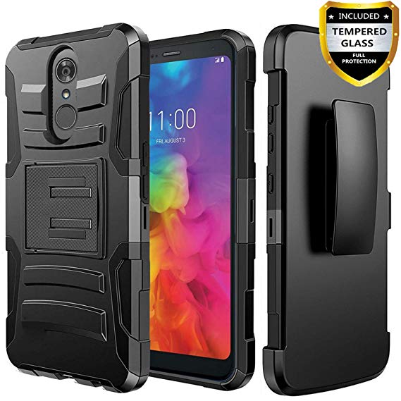 LG Q7 Plus Case, LG Q7 Case, With [Tempered Glass Screen Protector] Circlemalls Built-In Kickstand Holster Phone Cover Heavy Duty Belt Clip And Stylus Pen Compatible For LG Q7 Plus/Q7 /Alpha-Black