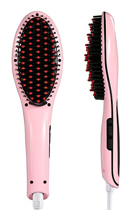 Hair Straightening Brush New Generation By Appolus - 3 in 1 Professional Hair Straightener Brush - Ceramic Electric LCD Digital LED Display - Hair Scalp Massage Massager Growth Brush - Pink