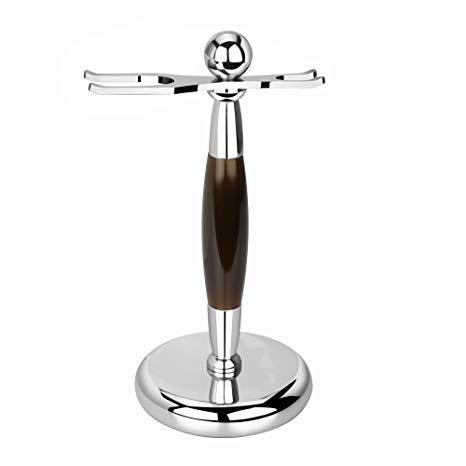 VELKOMIN Deluxe Chrome Razor and Brush Stand Holder Safety Razor and Shaving Brush Stand Weighted Base Dark Brown Handle with Lifetime Rust Protection Warrant