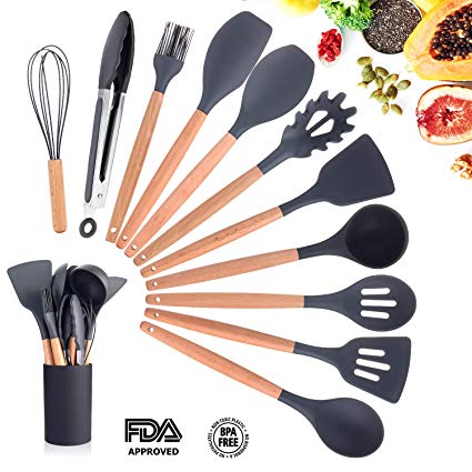 Silicone Cooking Utensils Kitchen Utensil Set, 11 Pieces Natural Wooden Handles Cooking Tool BPA Free Non Toxic Silicone Turner Tongs Spatula Spoon Kitchen Gadgets Utensil Set for Nonstick Cookware