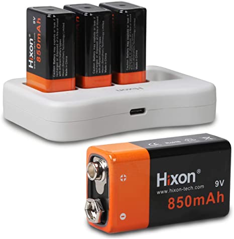 Hixon 9V 850mAh Rechargeable Standard Square Battery with Charger for Smoke Detector, fire Alarm System, multimeter, Radio Microphone, Kid Toys [4 Counts]