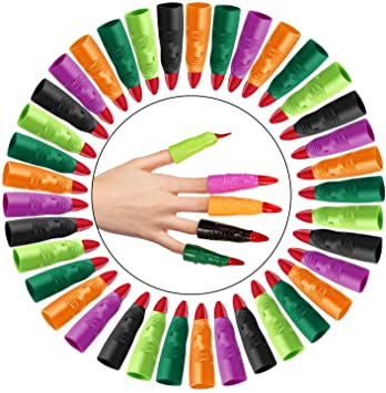 Skylety 60 Pieces Halloween Witch Fingers Colorful Martian Witch Fingers Costume Accessory Fake Vampire Finger Monster Finger Costume for Halloween Party, 5 Colors