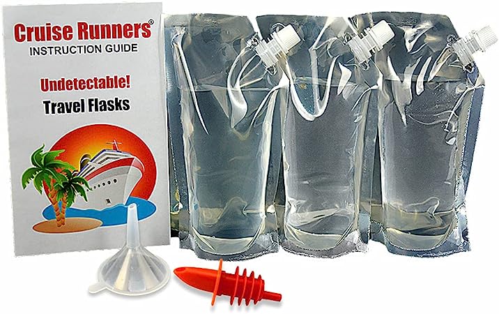 CRUISE RUNNERS Cruise Ship Flask Kit Sneak Alcohol Rum Runners Hide Liquor Smuggle Booze Plastic Pouch Bags Travel Funnel For Cruises 3 x 32oz