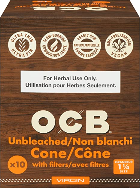 OCB Virgin Unbleached Pre-Rolled Rolling Paper Cones 1-1/4 Size (84mm) - 12 10-Packs - 120 Cones