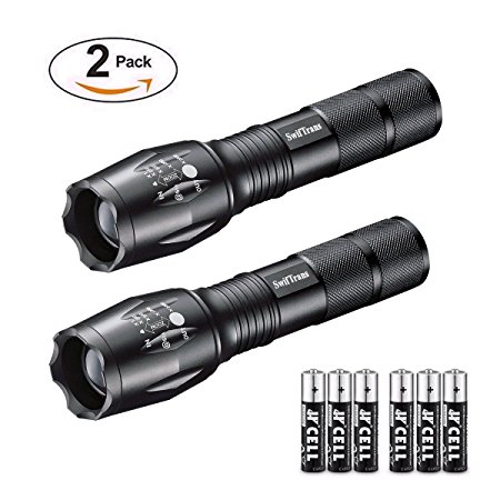 Tactical Flashlight, Swiftrans Ultra Bright Led Flashlight with Adjustable Focus and 5 Light Modes - Zoomable, IP 65 Water-Proof, 800 Lumens Cree XML T6 Led, 6 AAA Batteries Included(2 pack)