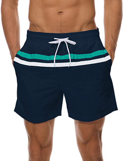 ChinFun Men's Swimsuit Swim Trunks Watershort Swimwear Stripes Board Shorts Bathing Suits Side Pockets