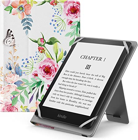 MoKo Universal Case for 6",6.8",7" Kindle eReaders Fire Tablet - Kindle/Kobo/Voyaga/Lenovo/Sony Kindle E-Book Tablet, Lightweight PU Leather Folio Shell Cover Case, with Hand Strap/Kickstand, Flowers