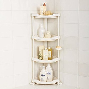 Tenby Living Corner Shower Caddy - 4 Shelf Shower Organizer Caddie with Movable Soap Dish - Heavy-Duty White Plastic Construction - Adjustable Height