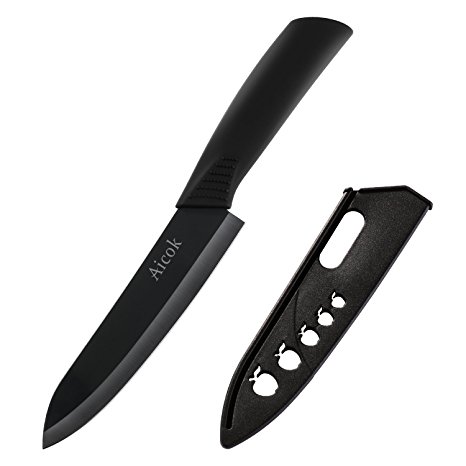 Aicok Ceramic Chef Knife, 6 Inch Professional Kitchen Knife with Non-Slip Handle & Protective Sheaths- Black Blade