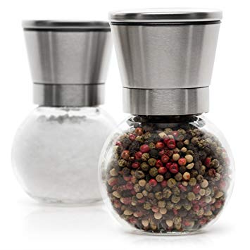 2 Lb. Depot Premium Stainless Steel Salt and Pepper Grinder Set - Brushed Stainless Steel Pepper Mill and Salt Mill with Glass Round Body - Adjustable Coarseness Levels for Grinding Spices