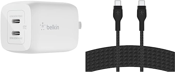 Belkin 65W Dual USB-C Wall Charger, Fast Charging Power Delivery 3.0 - White & BoostCharge Pro Flex Braided USB Type C to C Cable (3M/10FT), Black