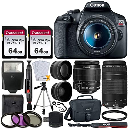 Canon EOS Rebel T7 Camera   EF-S 18-55mm f/3.5-5.6 is II   EF 75-300mm f/4-5.6 III Lens   Canon EOS Shoulder Bag   2X 64GB Memory Card   58mm Wide Angle & Telephoto Lens   Slave Flash   60" Tripod