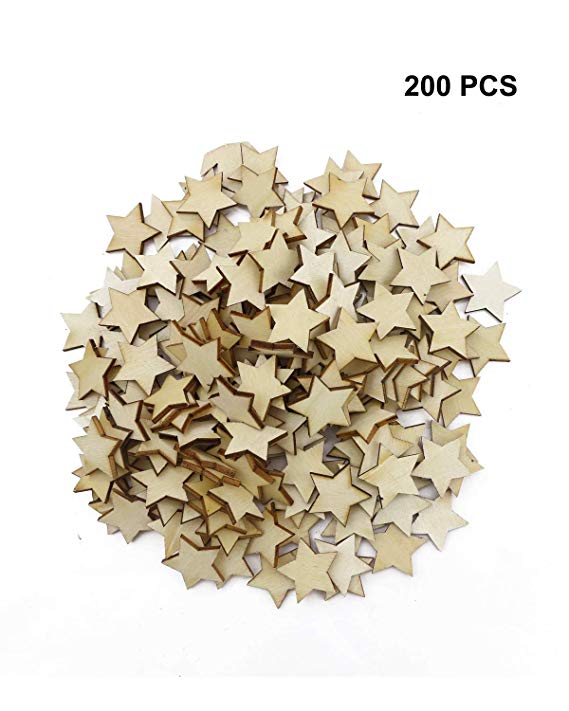 UPlama 200PCS Small 1 inch Size Wood Stars Cutout Shape, DIY Decorating Photo Props for Arts, Crafts & Sewing.(25mm)