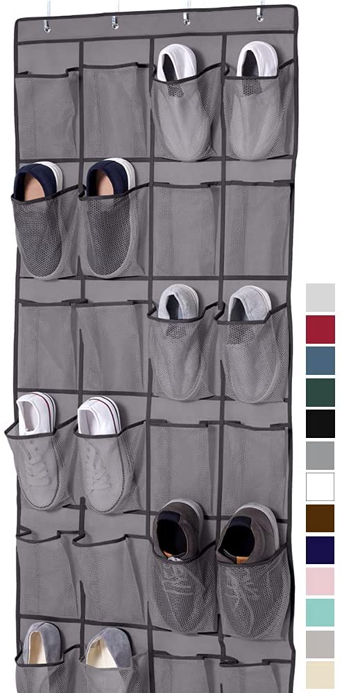 Gorilla Grip Breathable Mesh Large 24 Pocket Shoe Organizer, Holds Up to 40 Pounds, Sturdy Hooks, Space Saving, Over Door, Storage Rack Hangs on Closets for Shoes, Sneakers or Home Accessories, Gray