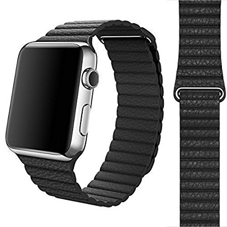 Apple Watch Band - Trop Saint® Genuine Leather Loop Strap with Strong Adjustable Magnetic Closure Replacement Band for Apple Watch (42mm) All Models - Black