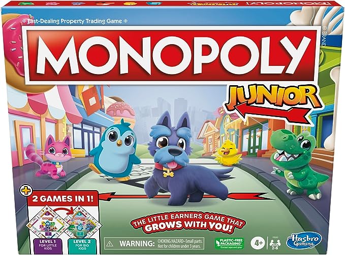 Hasbro Gaming Monopoly Junior Board Game, 2-Sided Gameboard, 2 Games in 1, Monopoly Game for Younger Kids Ages 4 and Up, Kids Games for 2 to 6 Players