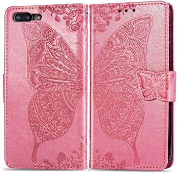 Aslim iPhone 8 Plus Case,iPhone 7 Plus Wallet Case,iPhone 7 Plus PU Leather Case Flip Case 3D Floral Butterfly Embossed Purse Kickstand Cover Card Holders Hand Strap for iPhone 7 Plus / 8 Plus Pink