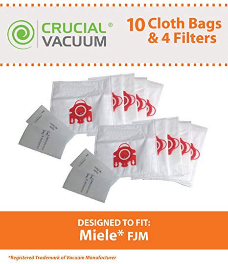 10 Miele FJM Deluxe Cloth Bags & 4 Filters, Fits Miele Vacuum FJM Vacuum Bags, Designed & Engineered by Crucial Vacuum